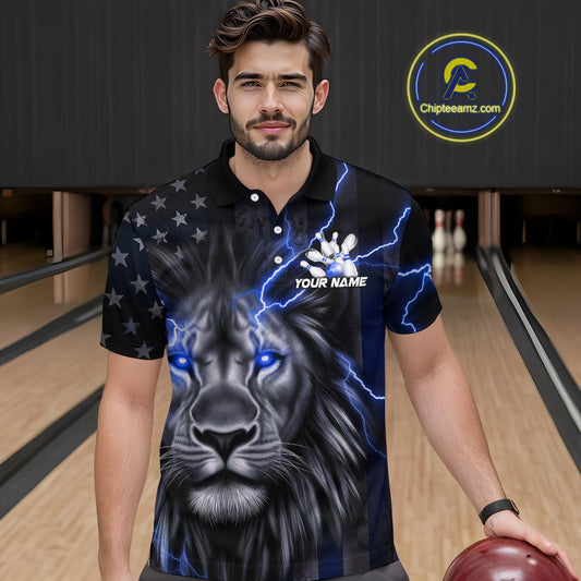 Custom Blue Thunder Lightning Patriotic Lion Polo Shirts For Men, US Flag Bowling Jerseys IPHW9320