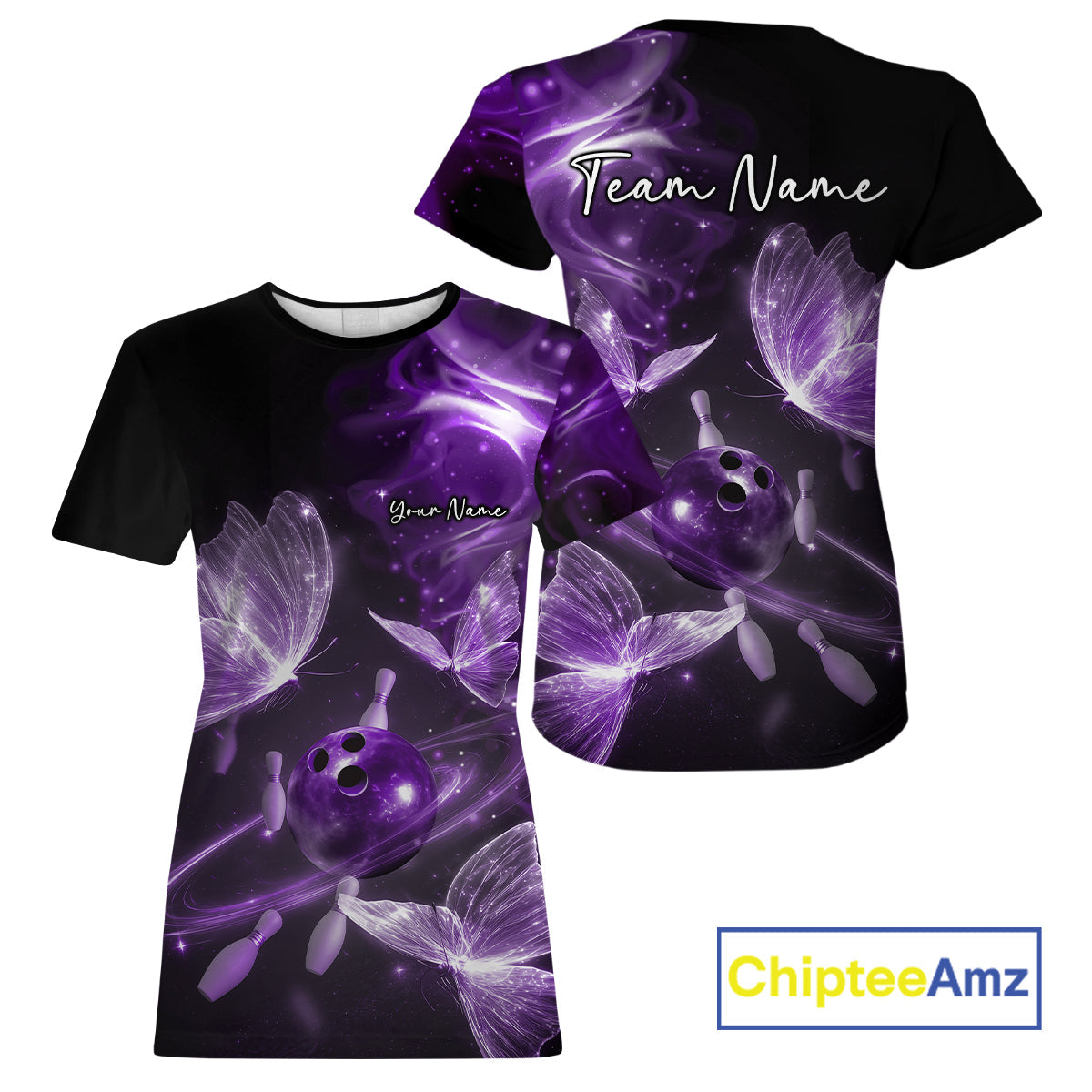 Custom Ethereal Purple Butterflies Bowling Team Women T-Shirts, Ladies Bowling Outfit IPHW10239