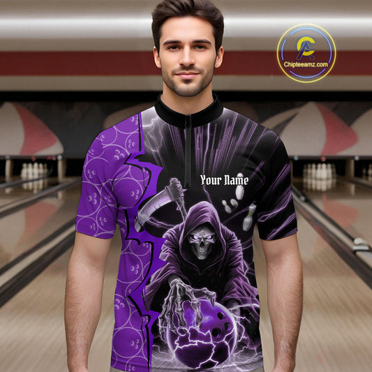 Custom Purple Lightning Grim Reaper Bowling Men Quarter-Zip Shirt, Halloween Bowler Outfit IPHW9842