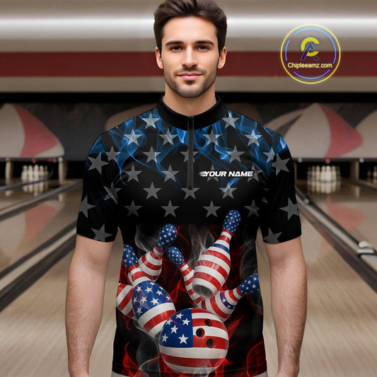 Custom Red And Blue Flame American Flag Patriotic Bowling Men Quarter-Zip Shirts, Team Uniform IPHW9716