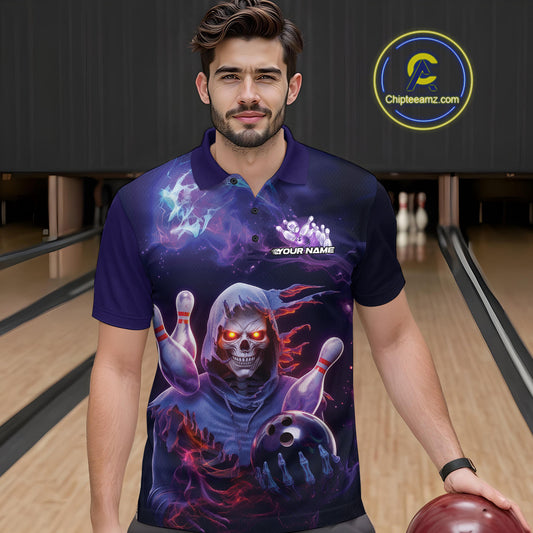Custom Red And Purple Smoke Flame Grim Reaper Bowling Men Polo Shirt, Halloween Outfit IPHW9895
