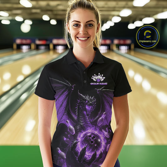 Custom Purple Dragon Flame Bowling Team Women Polo Shirt, Bowling League Shirt IPHW11667