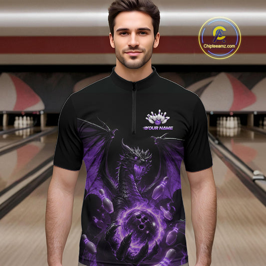 Custom Purple Dragon Flame Bowling Team Men Quarter Zip Shirt, Bowling League Shirt IPHW11667