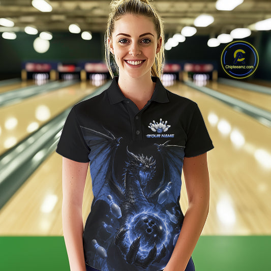 Custom Blue Dragon Flame Bowling Team Women Polo Shirt, Bowling League Shirt IPHW11668