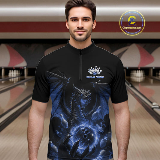 Custom Blue Dragon Flame Bowling Team Men Quarter Zip Shirt, Bowling League Shirt IPHW11668