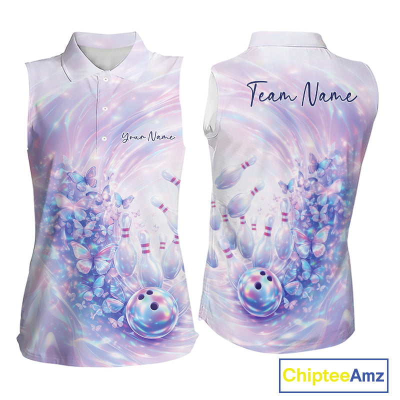 Pastel purple and pink holographic butterflies with bowling-themed graphics on a vibrant bowling shirt