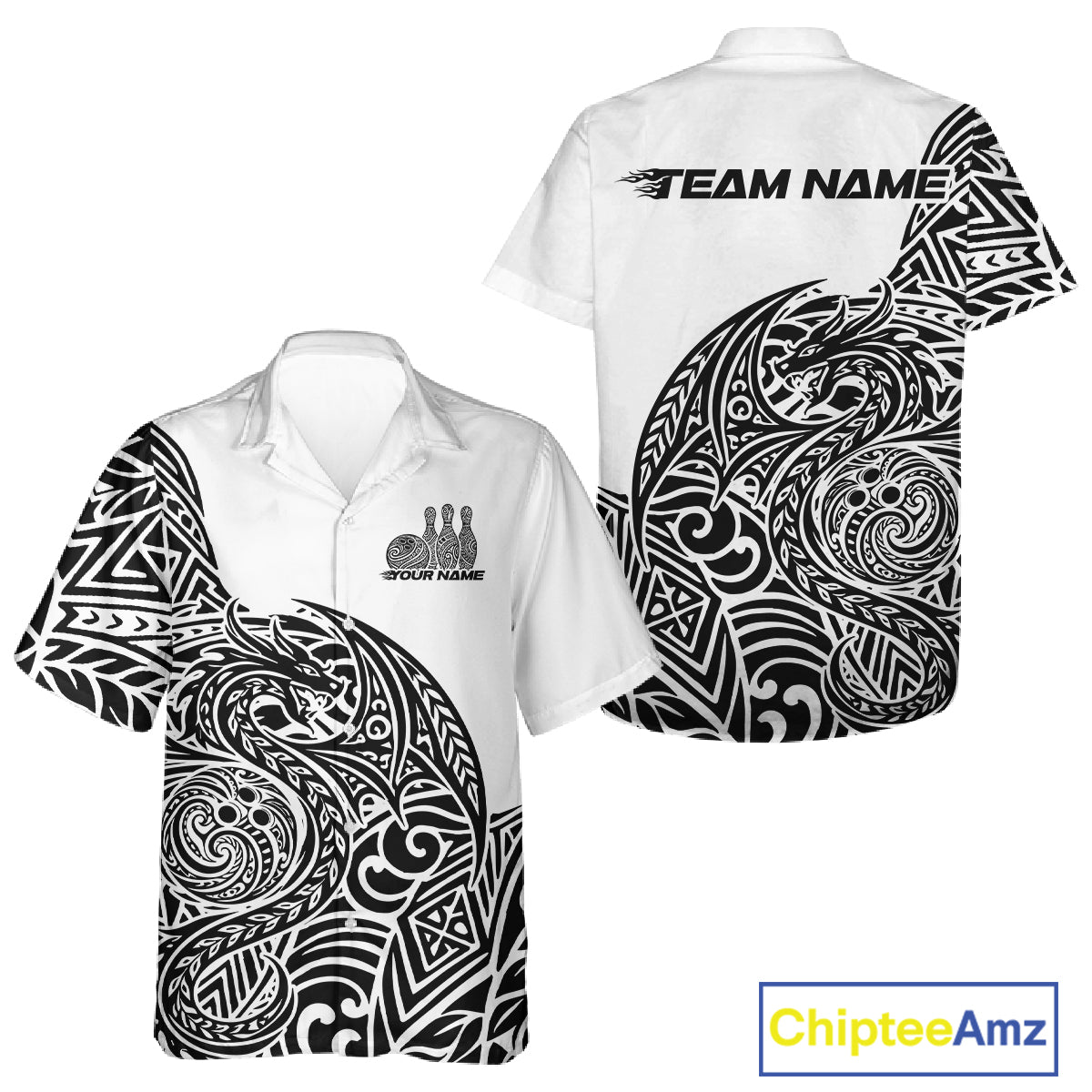 Custom Black And White Tribal Dragon Men And Women Bowling Hawaiian Shirt, Polynesian Bowling Shirt IPHW10340