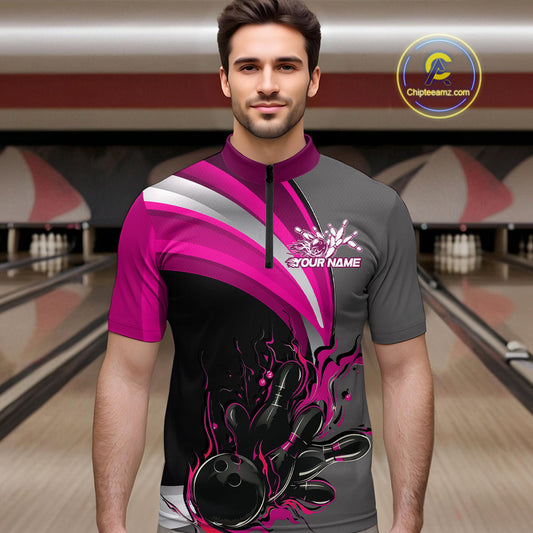 Custom Black, Pink And Gray Flame Bowling Quarter-Zip Shirts For Men, Bowling Team League Shirt IPHW9275