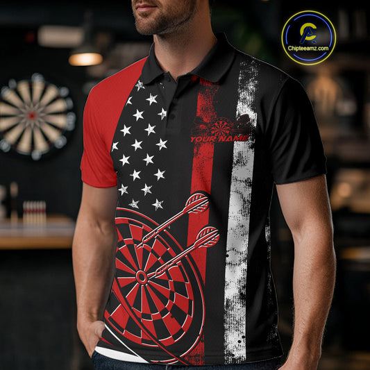 Custom Red Thin Line US Flag Patriotic Dartboard Dart Men Polo Team Shirts, Dart Jerseys IPHW9644