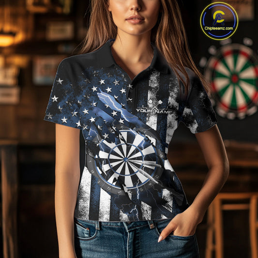 Custom Blue Thunder Lightning Patriotic Dart Women Polo Shirts, Vintage Dart Jerseys IPHW9655