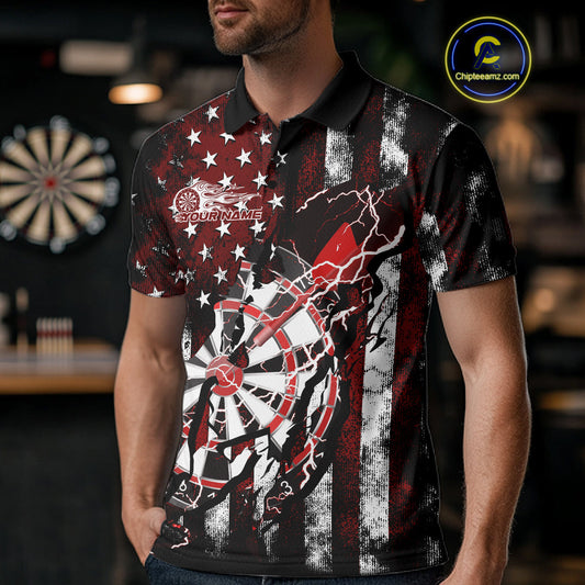 Custom Red Thunder Lightning Patriotic Dart Team Polo Shirts For Men, Dart Jerseys IPHW9656