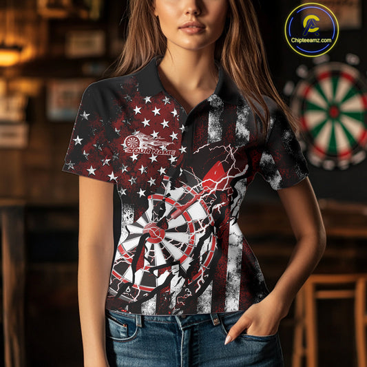 Custom Red Thunder Lightning Patriotic Dart Team Polo Shirts For Women, Dart Jerseys IPHW9656