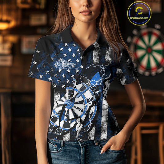 Custom Blue Thunder Lightning Patriotic Dart Team Polo Shirts For Women, Dart Jerseys IPHW9657