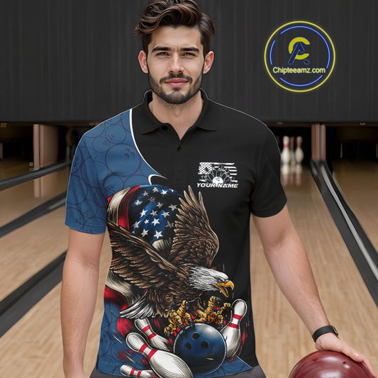 Custom American Flag Eagle Bowling Team Men Polo Shirts, Patriotic US Bowling League Shirt IPHW9478