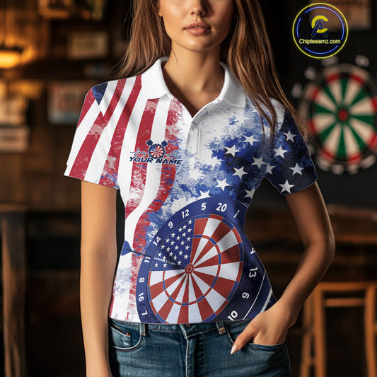 Custom Patriotic Dart Pulse Line Jerseys, US Flag Dartboard Team Polo Shirts For Women IPHW9698