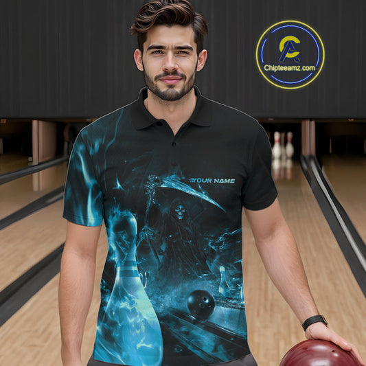 Custom Blue Fire Flame Grim Reaper Bowling Polo Shirts For Men, Halloween Bowlers Outfit IPHW9713