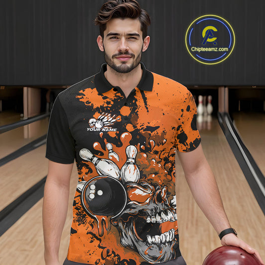 Custom Black And Orange Splatter Skull Bowling Team Men Polo Shirt, Halloween Outfit IPHW9727