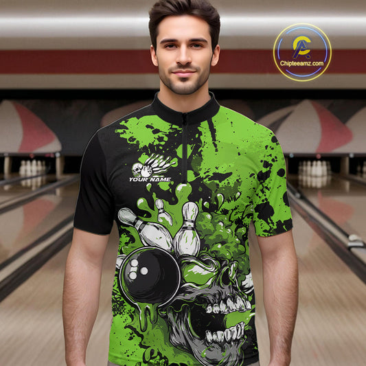 Custom Black And Green Splatter Skull Bowling Team Men Quarter-Zip Shirt, Halloween Outfit IPHW9728