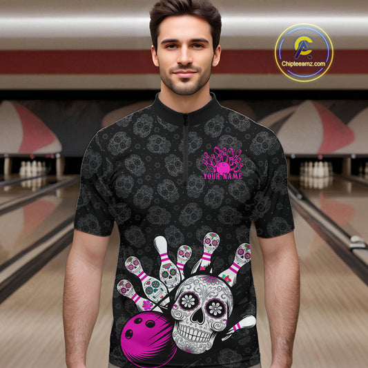 Custom Black And Pink Sugar Skull Bowling Team Quarter-Zip Shirts For Men, Bowling League Shirt IPHW9252