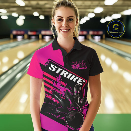 Custom Black And Pink Flame Strike Bowling Polo Shirts For Women, Bowling League Shirt IPHW9269