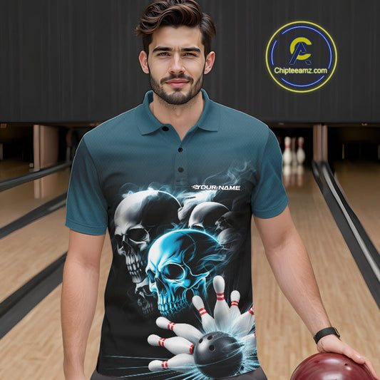Custom Teal Blue Smoke Skull Bowling Polo Shirts For Men, Ghostly Halloween Bowling Outfit IPHW9519