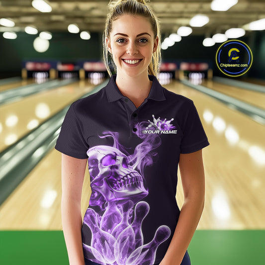 Custom Purple Flame Smoke Skull Bowling Polo Shirts For Women, Halloween Bowling Outfit IPHW9496