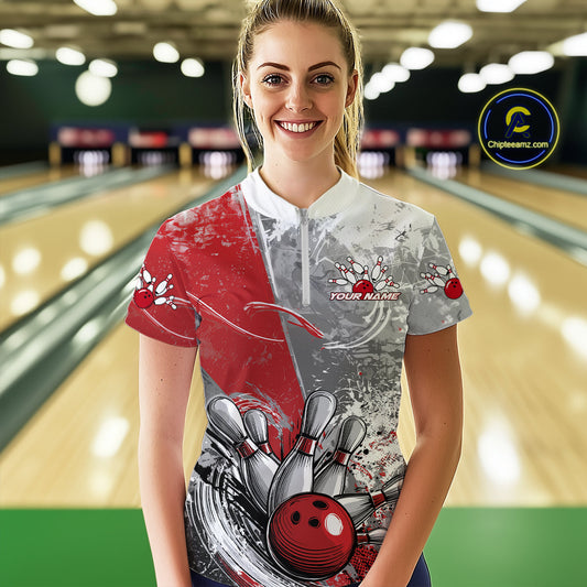 Custom Grunge Red Bowling Women Quarter-Zip Shirt, Distressed Vintage Bowling Team Shirts IPHW9550