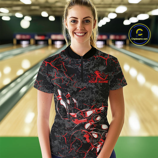 Custom Black And Red Camo Bowling Team Women Quarter-Zip Shirts, Bowling League Shirt IPHW9370