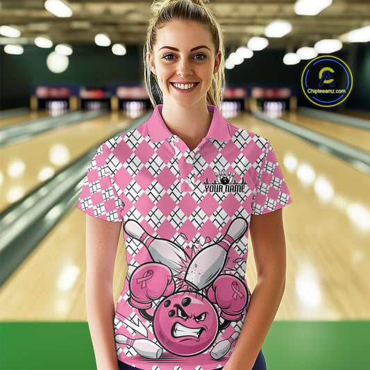 Custom Pink Argyle Pattern Funny Breast Cancer Fighter Bowling Polo Shirts For Women IPHW9396