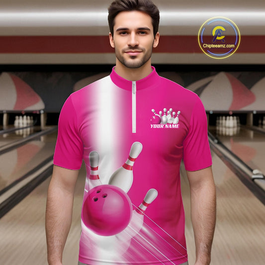 Male model front view in a bowling lane wearing a bowling quarter zip shirt with bowling ball and pins flowing across a pink gradient pattern.
