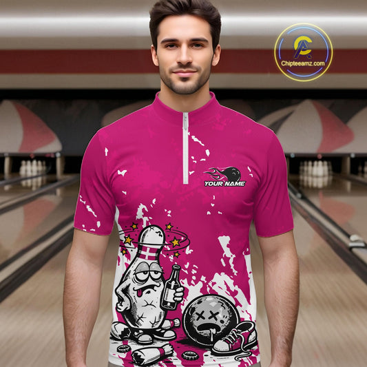 Male model in a bowling lane wearing a pink and white quarter-zip shirt, playful splatter background drunk bowling pin holding beer and ball.