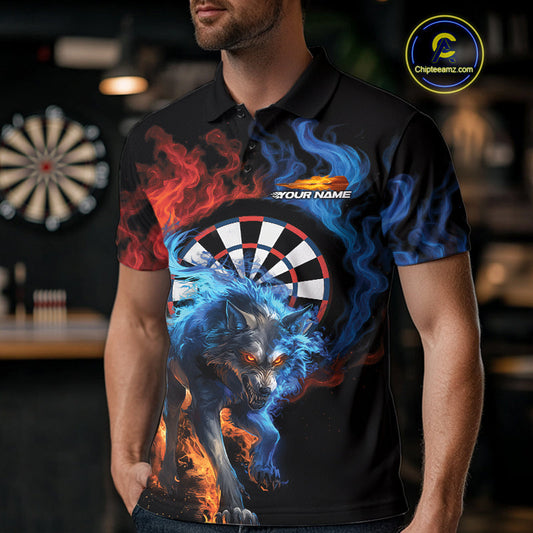 Custom Orange And Blue Smoke Flame Wolf Dart Team Men Polo Shirts, Fire Dart Jerseys IPHW10009