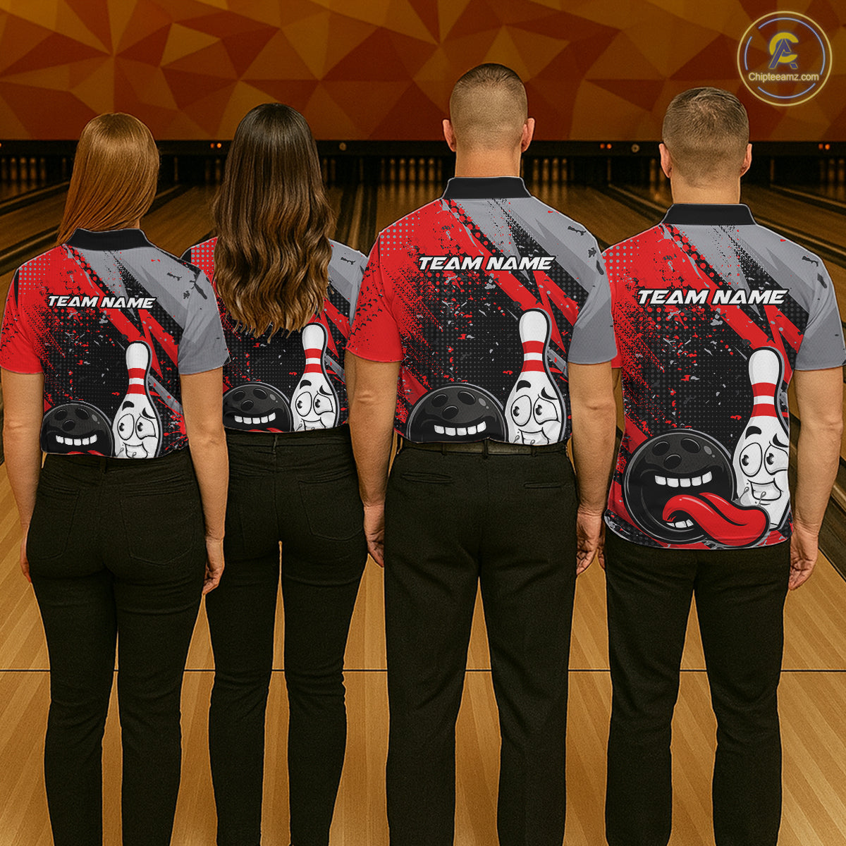 Custom Funny Bowling Polo Shirt For Men, Red Bowling Ball And Pin Bowling Jersey IPHW10257