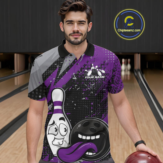 Custom Funny Bowling Polo Shirt For Men, Purple Bowling Ball And Pin Bowling Jersey IPHW10259