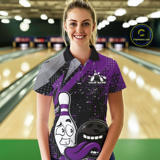 Custom Funny Bowling Polo Shirt For Women, Purple Bowling Ball And Pin Bowling Jersey IPHW10259