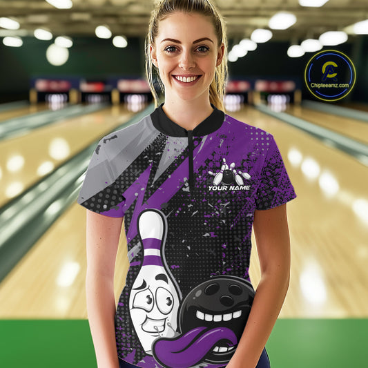 Custom Funny Bowling Women Quarter-Zip Shirt, Purple Bowling Ball And Pin Bowling Jersey IPHW10259