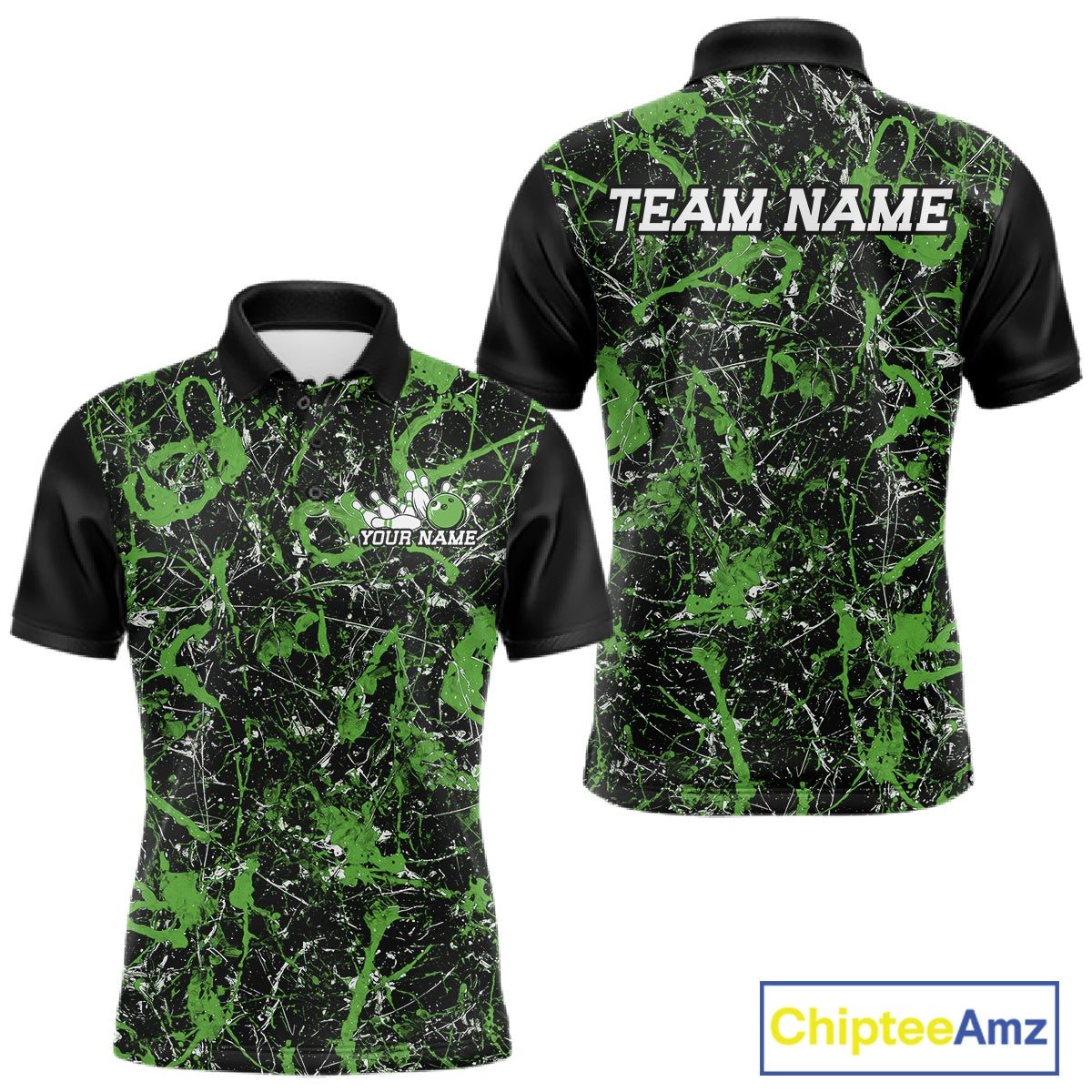 Front and back views of a black polo shirt with mid green paint-splatter graphics, personalized with “Your Name†on the chest and “Team Name†across the back.