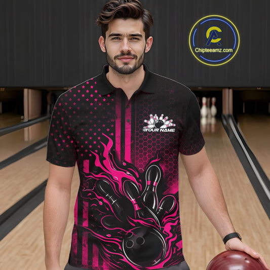 Front and back view of a black and pink men’s bowling polo shirt featuring a flaming bowling ball striking pins with patriotic American flag bowling style artwork.