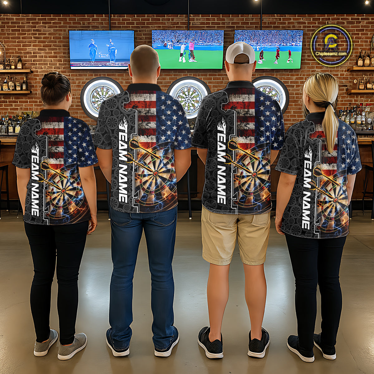 Custom Grunge US Flag Lightning Dartboard Patriotic Dart Team Men Polo Shirt Dart Jerseys IPHW10387
