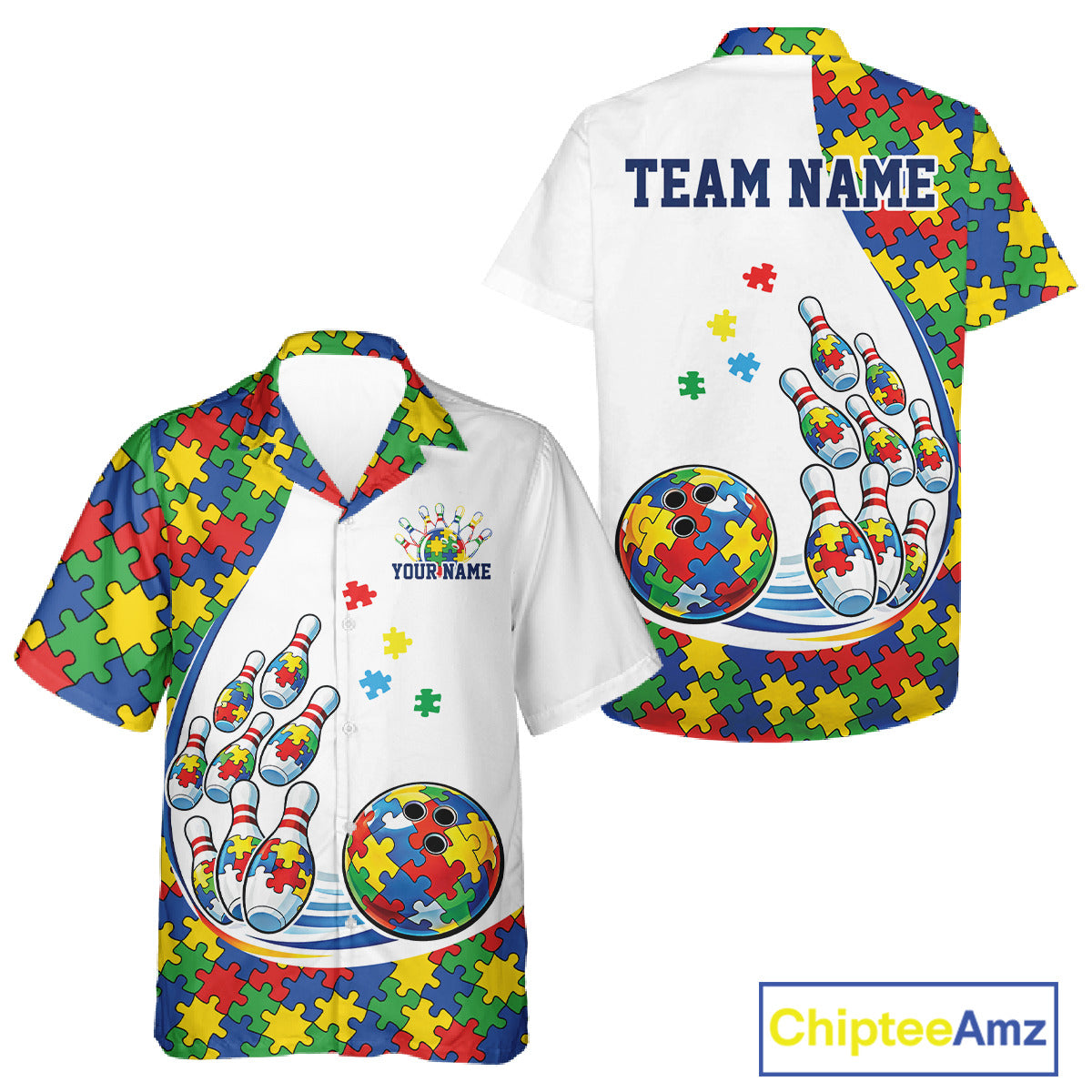 Button-up bowling shirt mockup presenting white shirt with colorful autism-themed bowling strikes and vibrant puzzle-inspired graphics