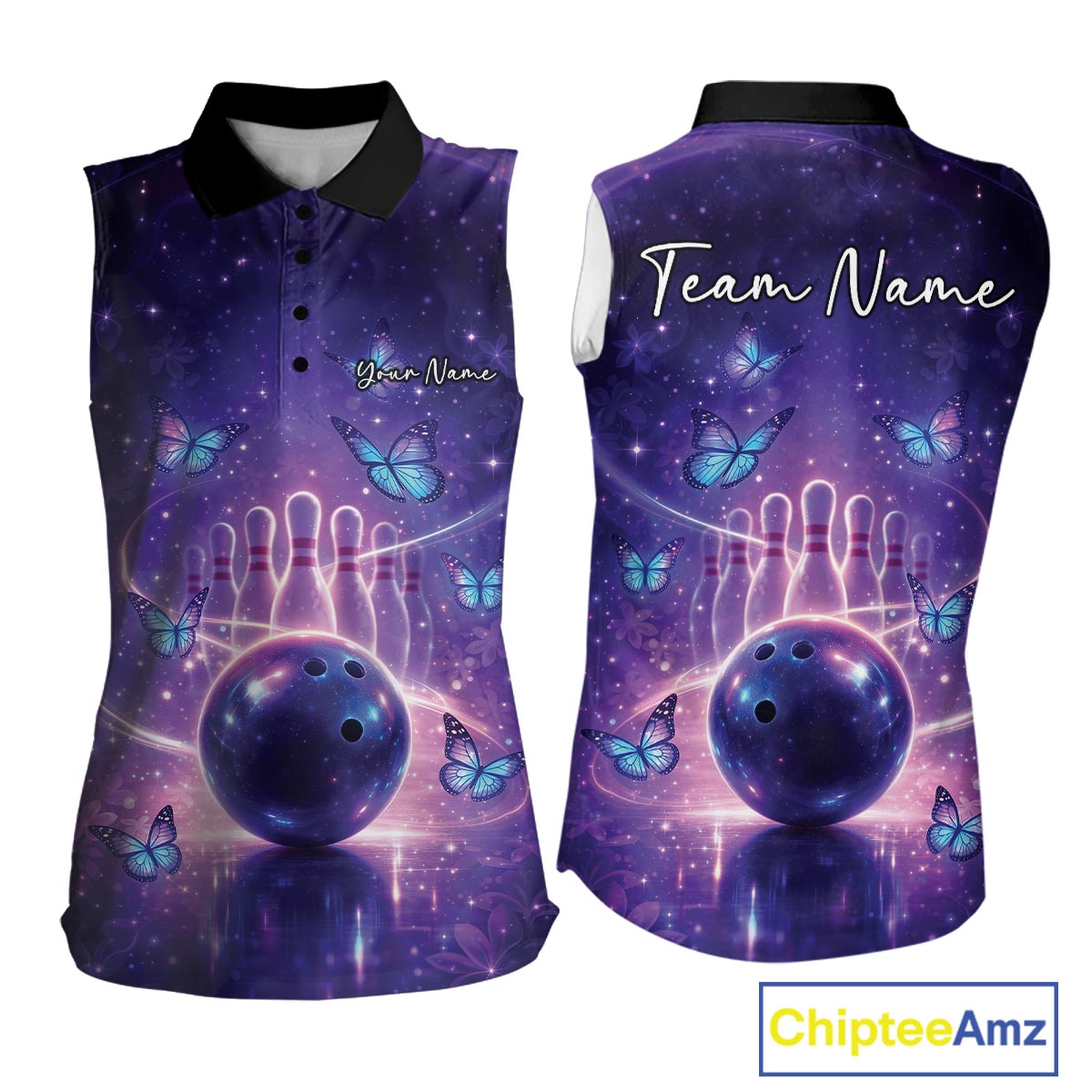 Custom Blue And Purple Butterfly Women Bowling Sleeveless Polo Shirt, Ladies Bowling League Shirt IPHW10925