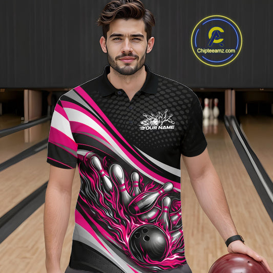 Male model in a bowling lane wearing a black and pink polo shirt, flaming bowling ball hitting pins with dynamic motion artwork.