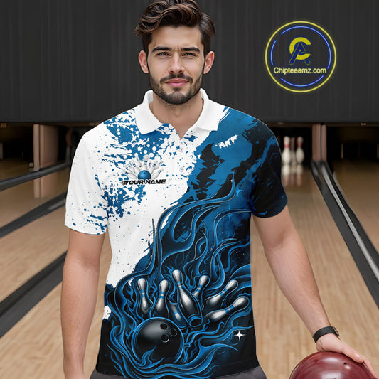 In bowling lane front view male model wearing bowling polo shirt, black base with blue and white flame bowling ball and pins artwork, energetic sports lighting