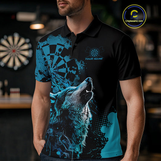 Custom Black And Blue Splatter Grunge Dart Wolf Men Polo Shirts, Wolf Dart Team Jerseys IPHW10010