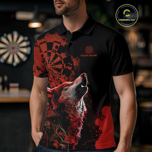 Custom Red Orange Splatter Grunge Dart Wolf Men Polo Shirts, Wolf Dart Team Jerseys IPHW10012