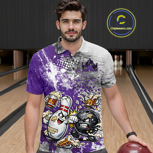 Front view of a male model in a bowling lane wearing a purple and white grunge splatter polo shirt with humorous bowling ball and pin battle artwork.