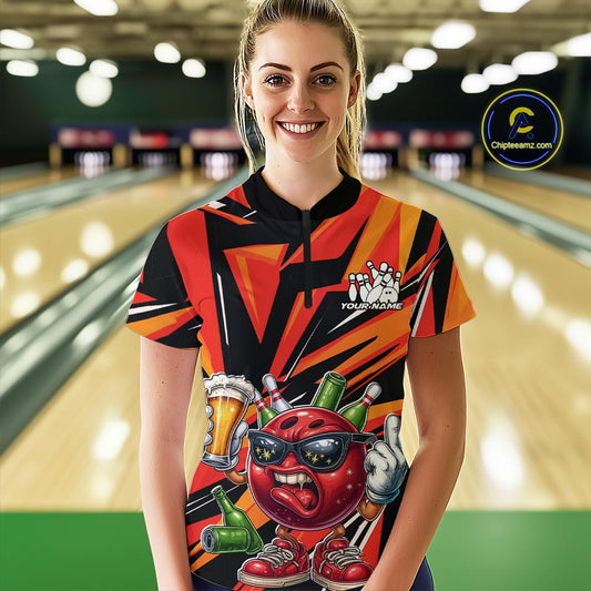 Custom Funny Bowling Ball Drink Beer Bowling Women Quarter-Zip Shirt, Orange Team Shirt IPHW10122