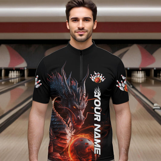 Custom Smoke Flame Dragon Bowling Quarter-Zip Shirt For Men, Dragon Bowling Team Jerseys IPHW9904