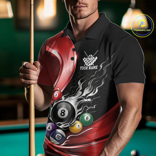 Male model wearing a black and red billiard polo with metallic ribbons, dark honeycomb graphics, and a flaming 8-ball, front view