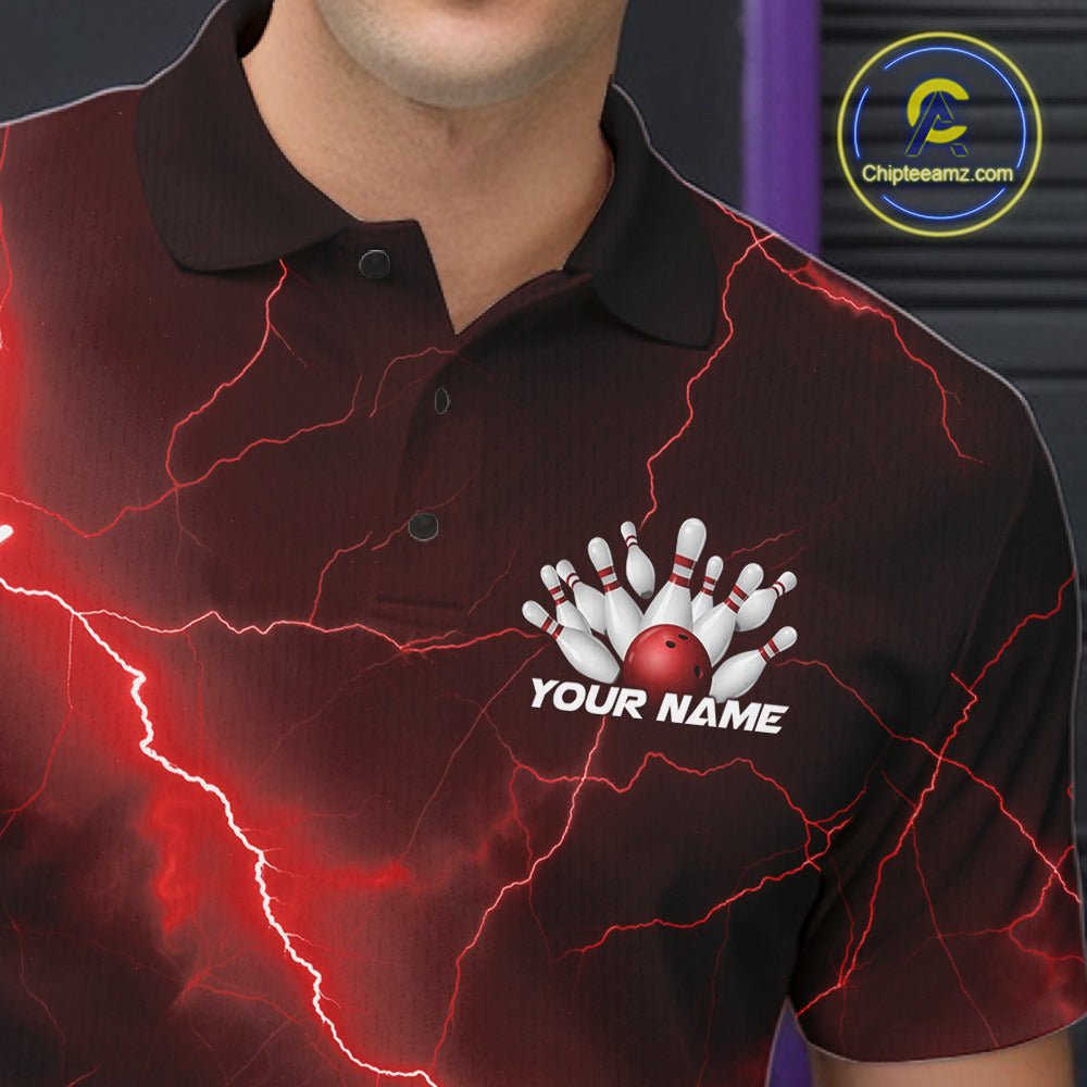 Left chest detail of a bowling polo featuring a red cobra, bowling ball, and scattered pin design.